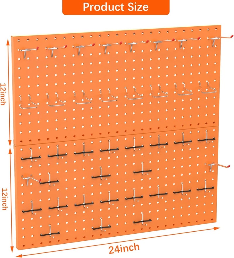 TORACK Metal Pegboard Wall Organizer 24" x 24" or 12" x 48", 70 PCS Tools Storage Pegboard for Garage, Modular Pegboard, Tool Organizer Board with Peg Board Hooks(Orange) - Image 3